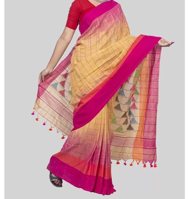Handloom pure khadi cotton temple ikkat border sarees